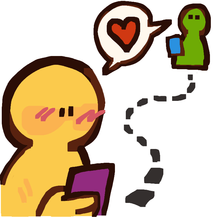 a yellow figure holds a phone, and is connected by a dotted road to a green figure far away, who is also holding a phone. they share a speech bubble with a heart in it.